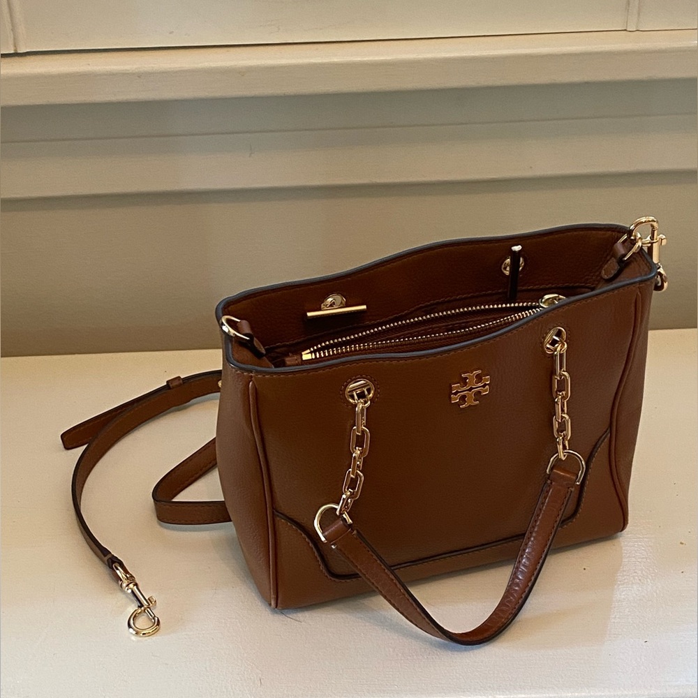 Tory Burch Tan Structured Tote with Gold Logo
